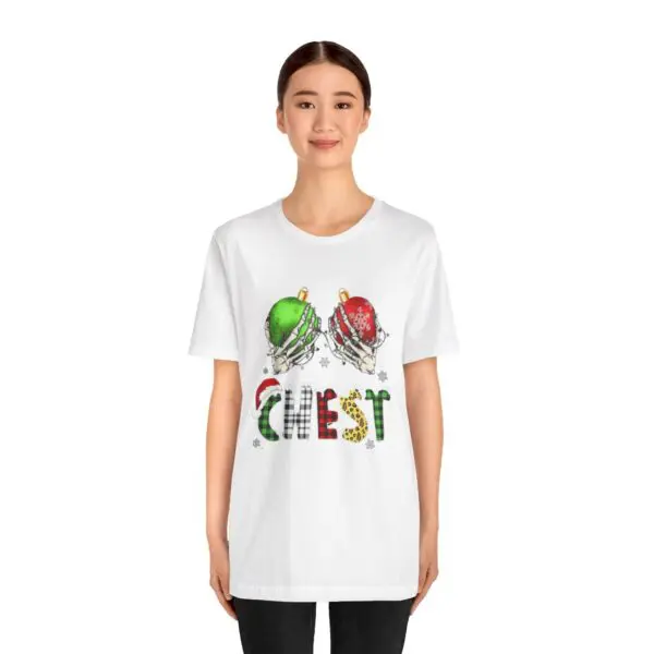 Woman wearing festive holiday-themed t-shirt.