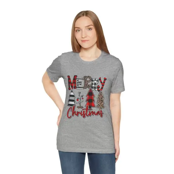 Woman wearing "Merry Christmas" graphic t-shirt.