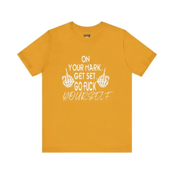 Orange T-shirt with bold white text.
