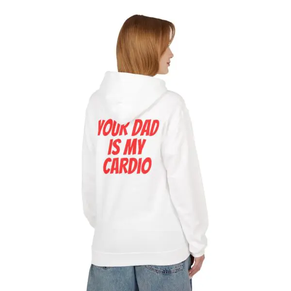Person wearing hoodie with humorous text.