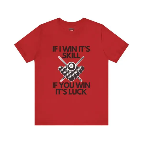 Red shirt with pool-themed humorous text.