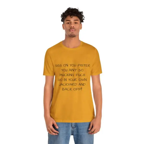 Man wearing a yellow t-shirt with text.
