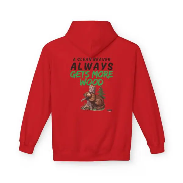 Red hoodie with beaver-themed humorous text.