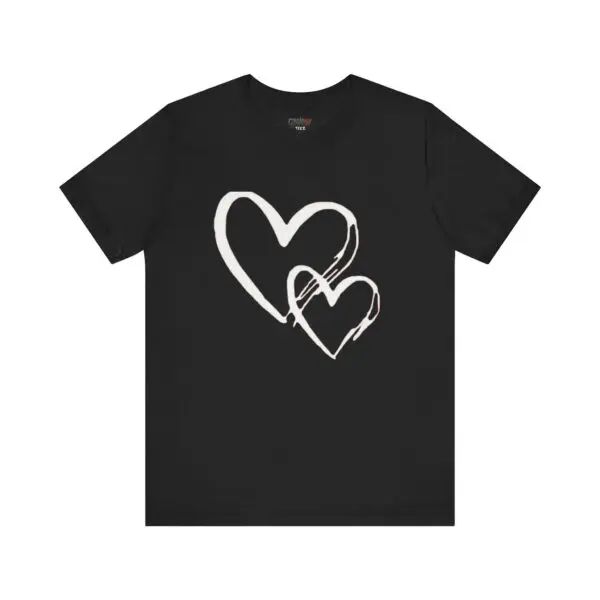Black T-shirt with white heart design.