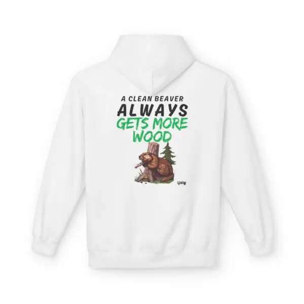 White hoodie with beaver-themed graphic text.