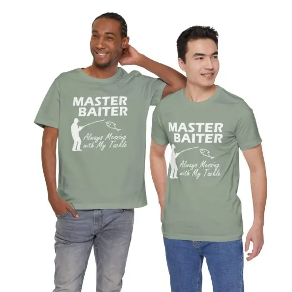 Two men wearing matching humorous t-shirts.