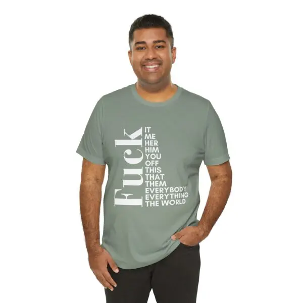 Man wearing a graphic t-shirt, smiling.