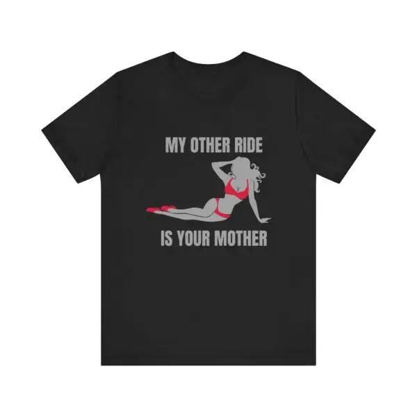 Black t-shirt with humorous graphic design.