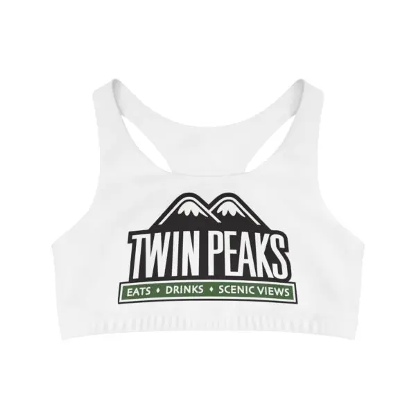 White sports bra with Twin Peaks logo.