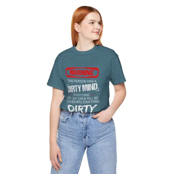 Woman wearing a humorous graphic t-shirt.