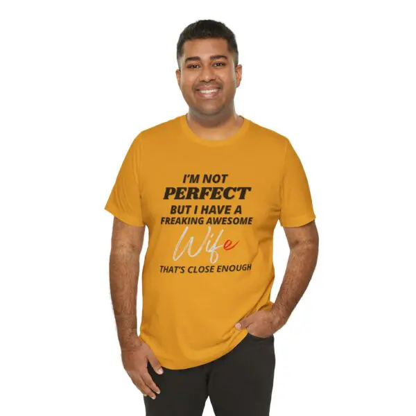 Man wearing a humorous yellow t-shirt.