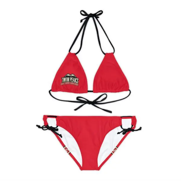 Red bikini with black trim and logo.