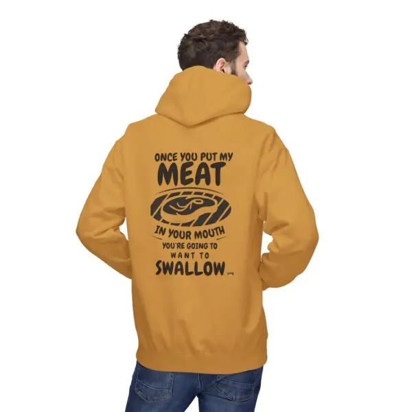 Man wearing hoodie with humorous meat graphic.