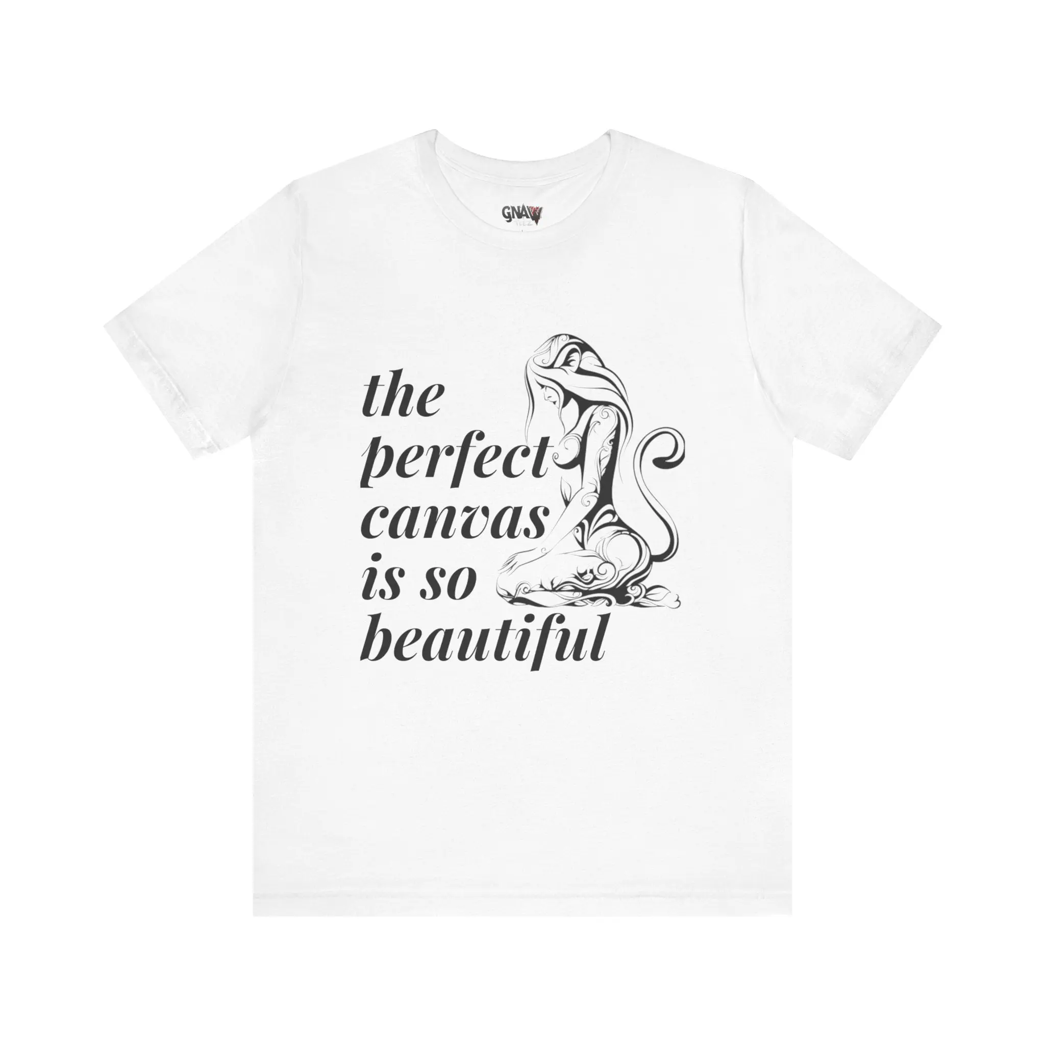 White t-shirt with artistic design and text.