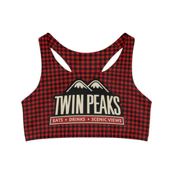 Red plaid sports bra with Twin Peaks logo.