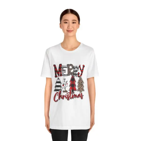 Woman wearing Merry Christmas T-shirt.