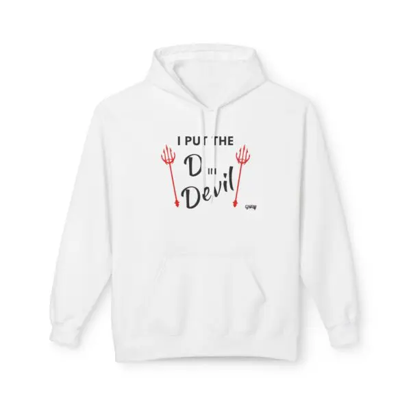 White hoodie with "Devil" text and pitchforks.