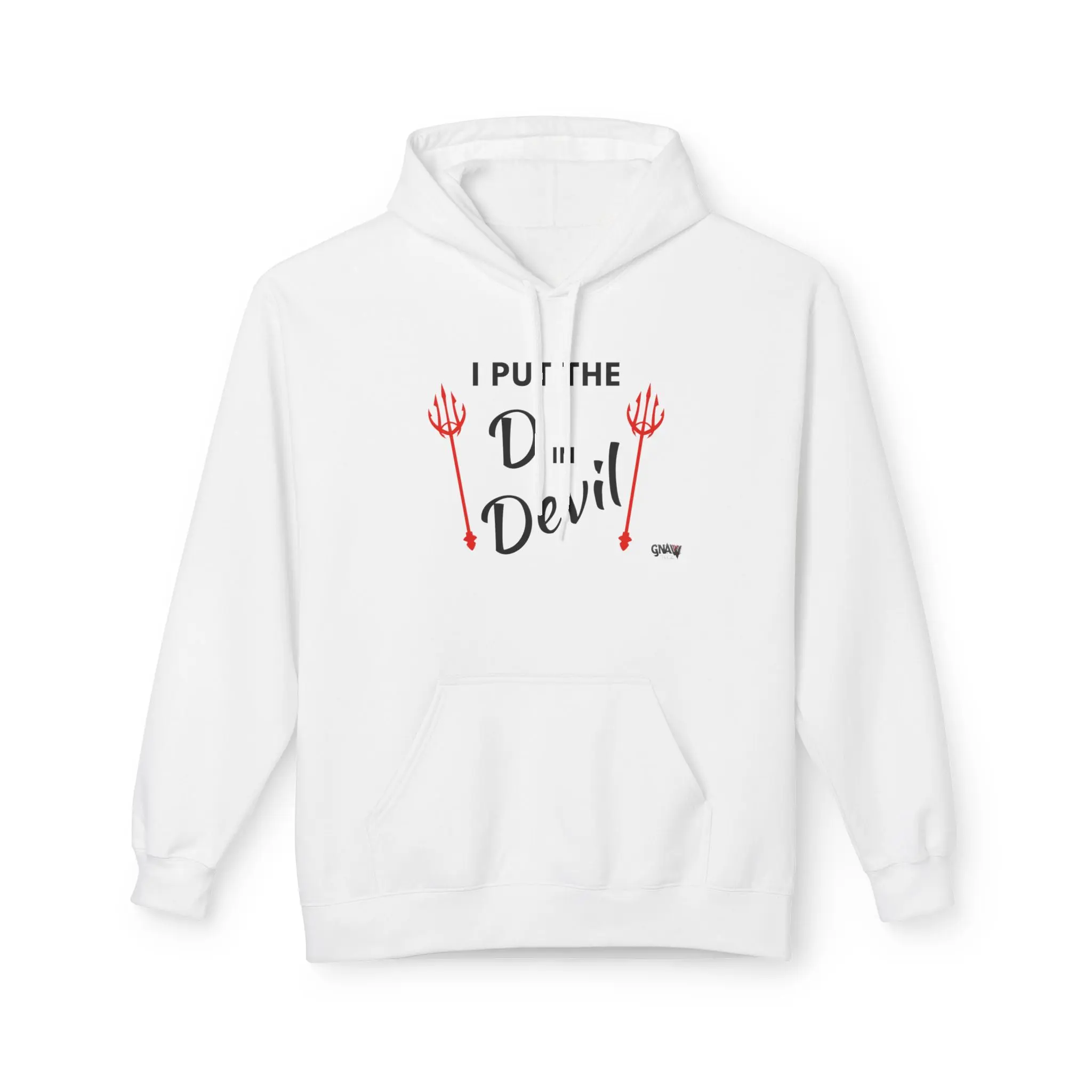 White hoodie with "Devil" text and pitchforks.