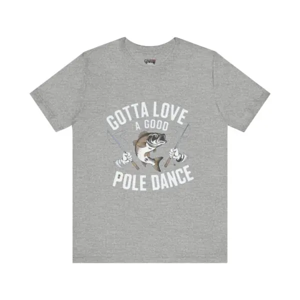 Gray T-shirt with fishing-themed graphic design.