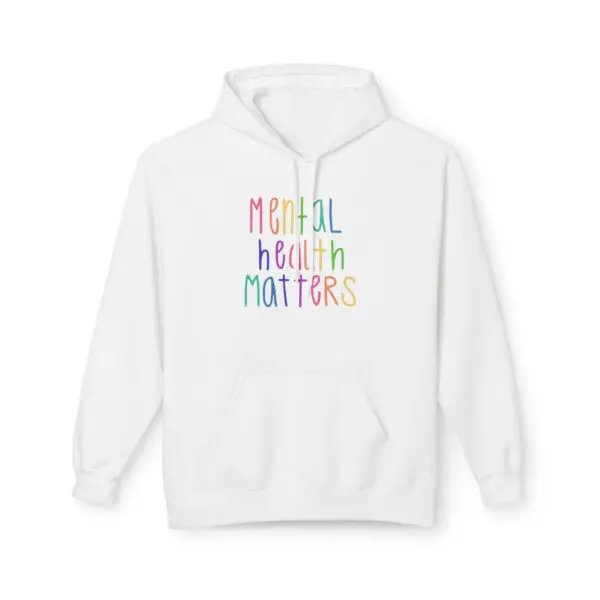 White hoodie with "Mental Health Matters" text.