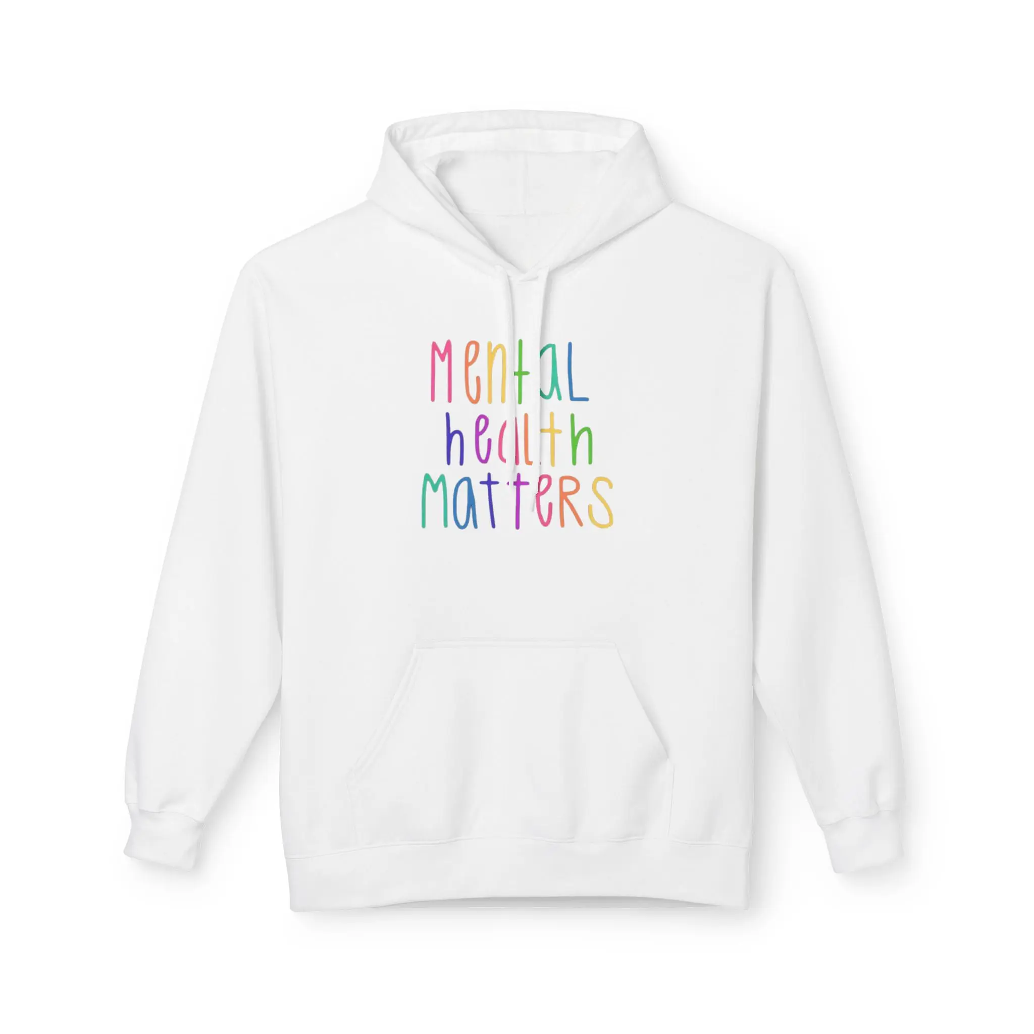 White hoodie with "Mental Health Matters" text.