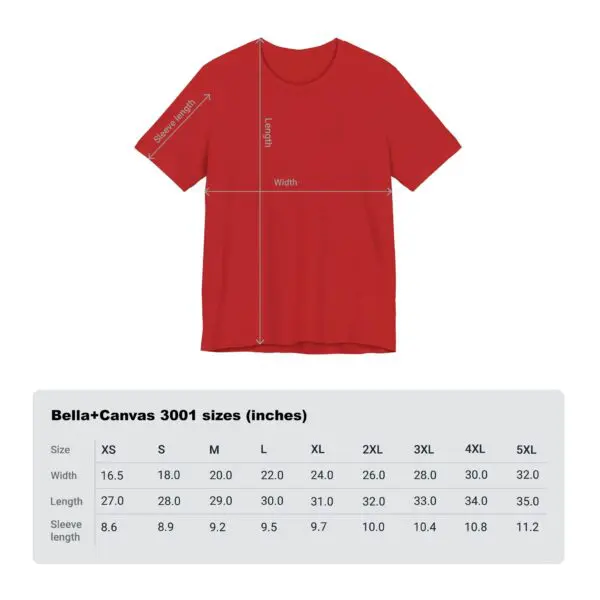 Red t-shirt with size chart.