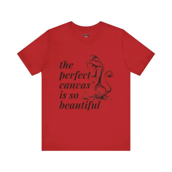 Red t-shirt with artistic monkey design.