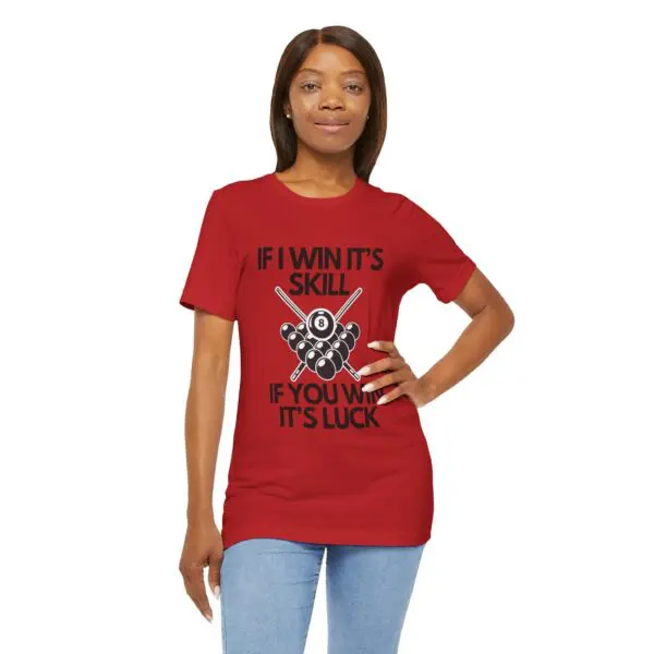 Woman wearing red pool-themed t-shirt.
