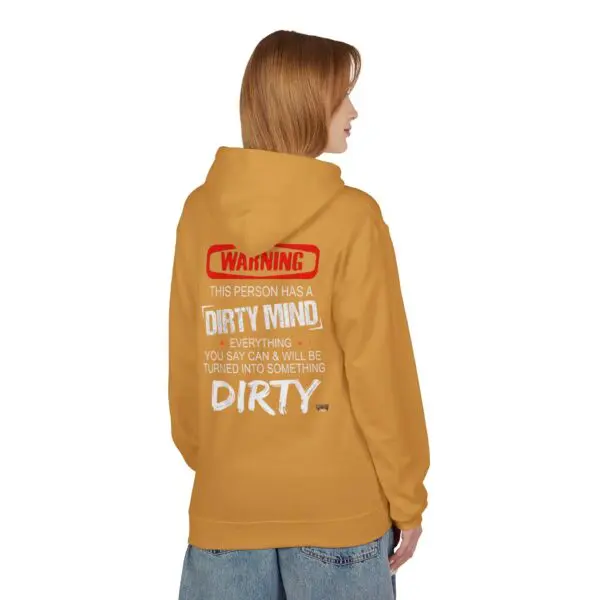 Person wearing hoodie with humorous warning text.