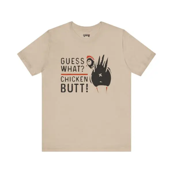 Beige t-shirt with humorous chicken design.