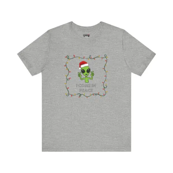 Gray t-shirt with festive alien design.