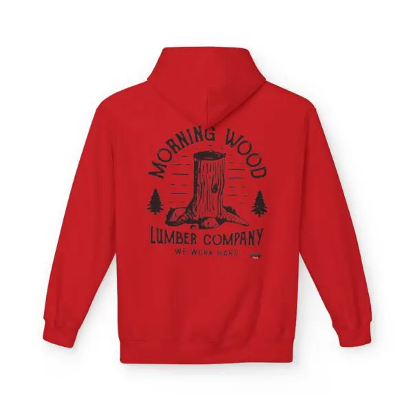 Red hoodie with lumber company logo.