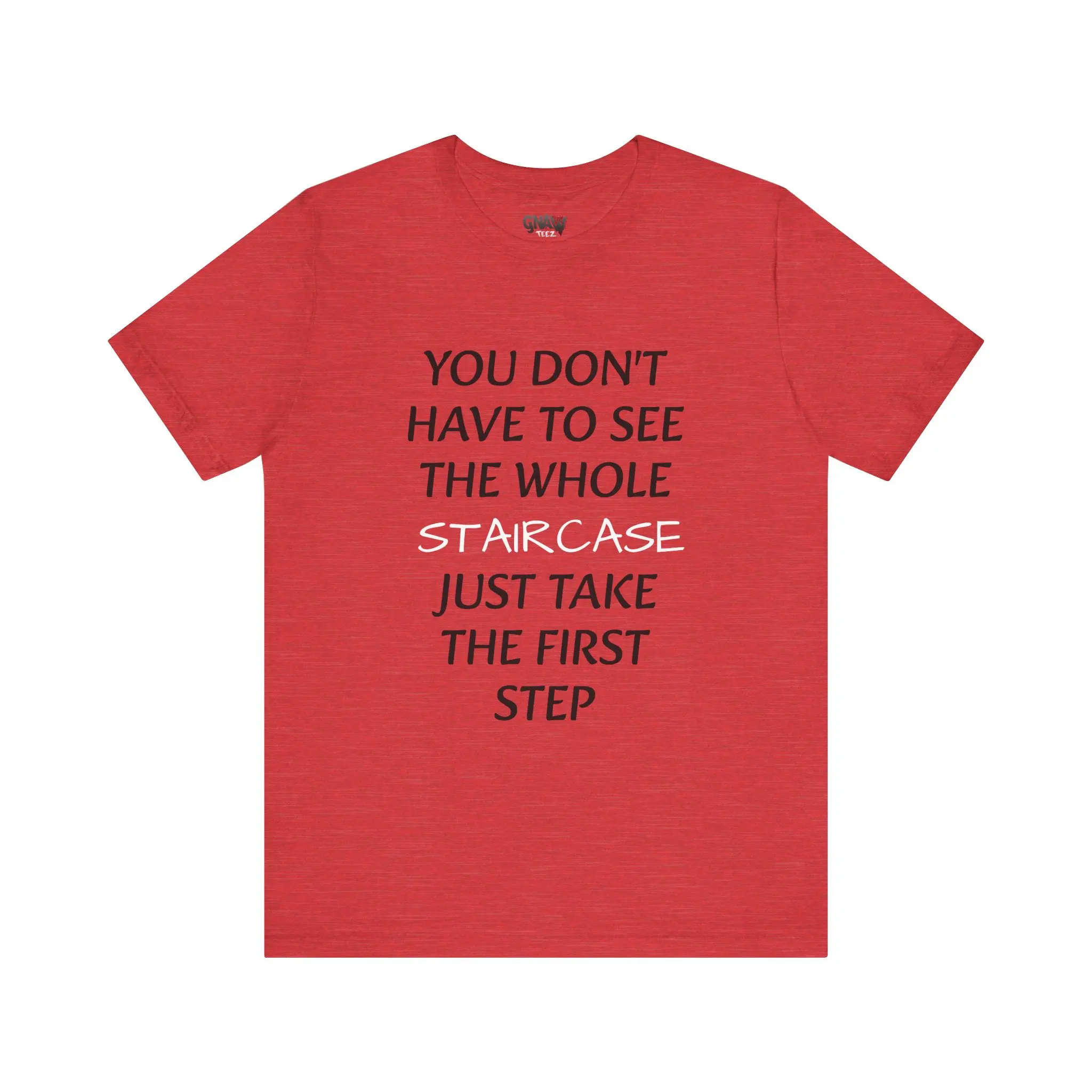 Red t-shirt with motivational quote design.