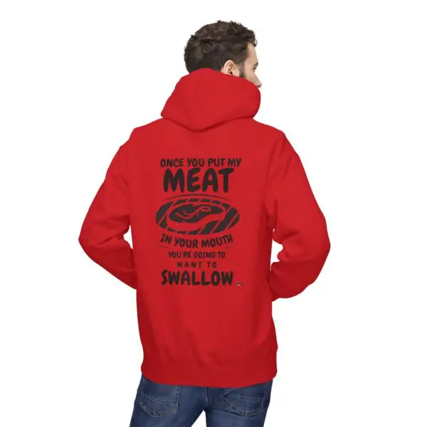 Man wearing red hoodie with humorous print.