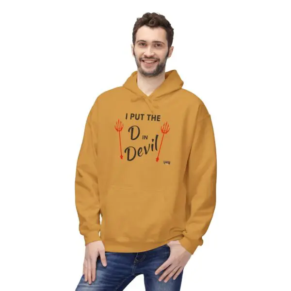 Man in hoodie with playful devil slogan.