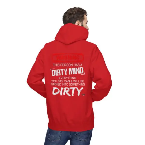 Man in red hoodie with humorous text.