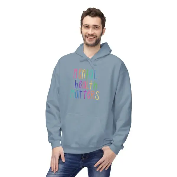 Man wearing "Mental Health Matters" hoodie.