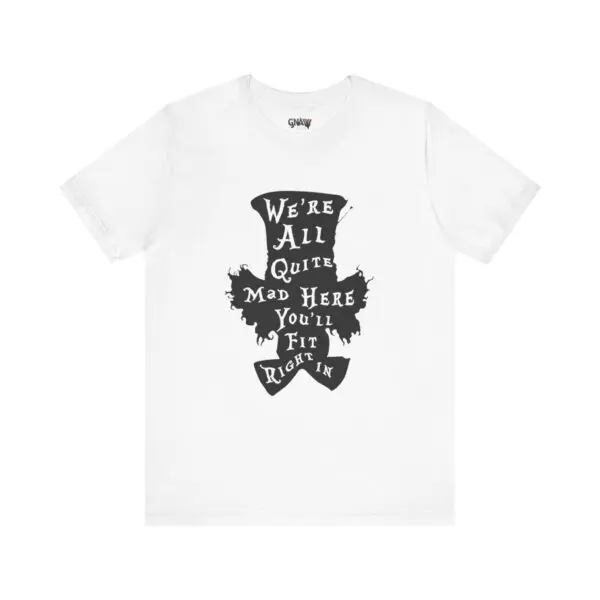 White t-shirt with whimsical text design.