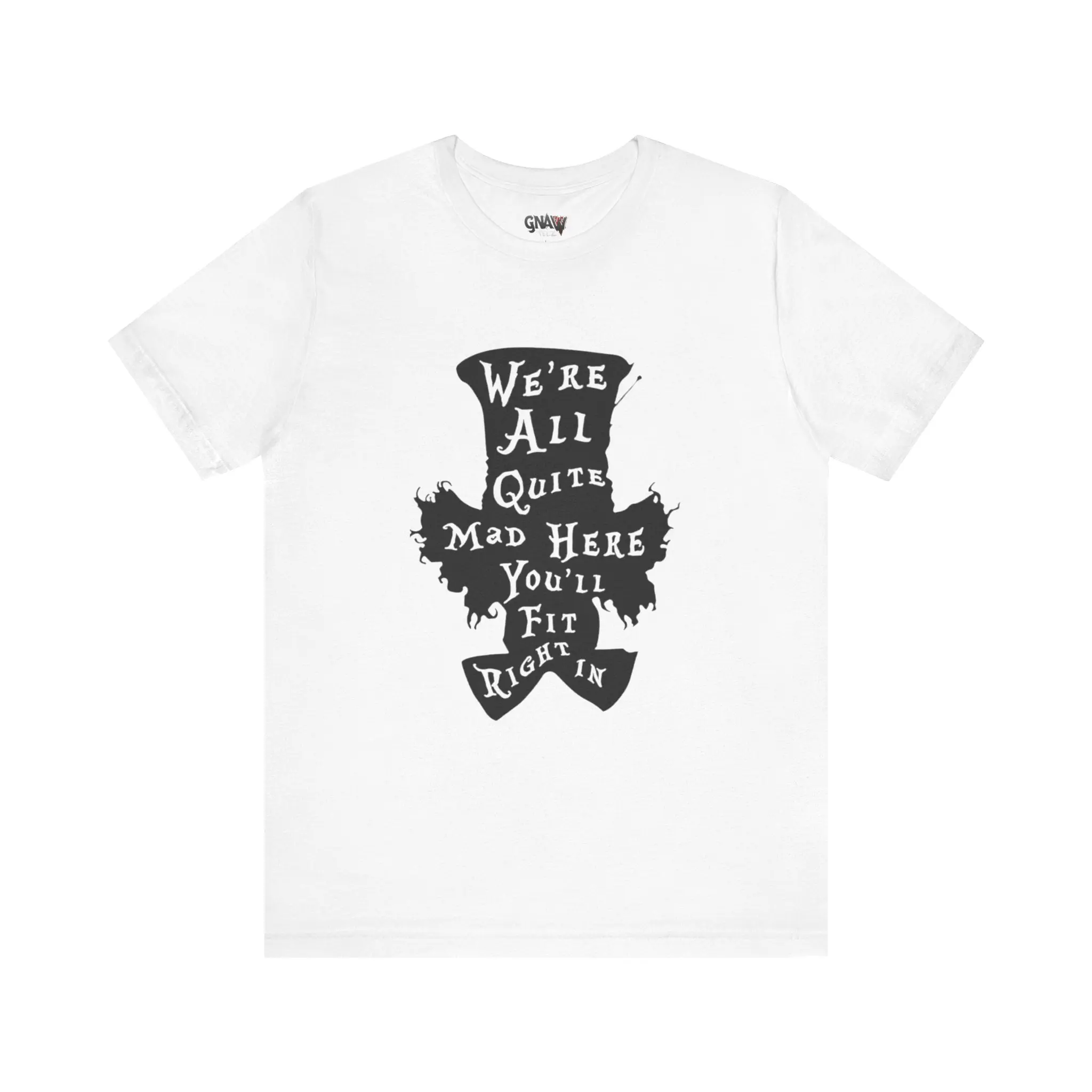 White t-shirt with whimsical text design.