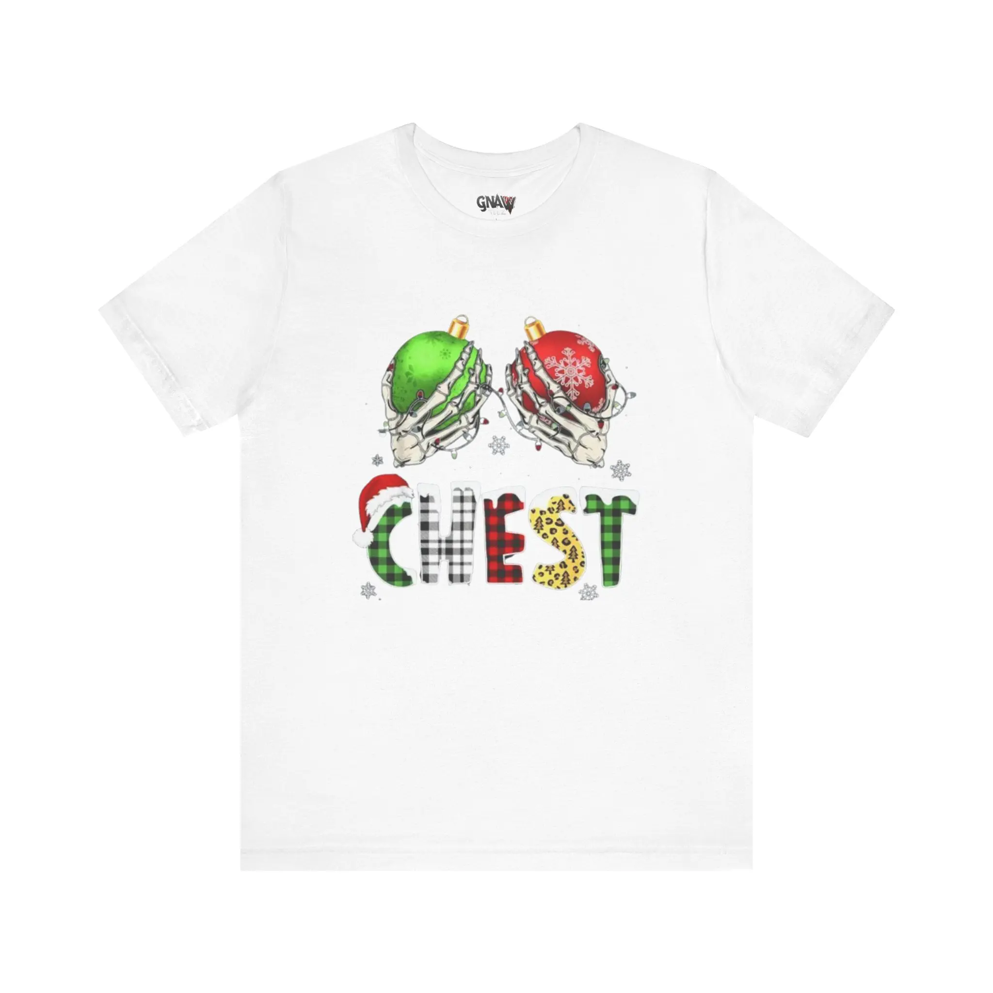 White t-shirt with Christmas-themed design.