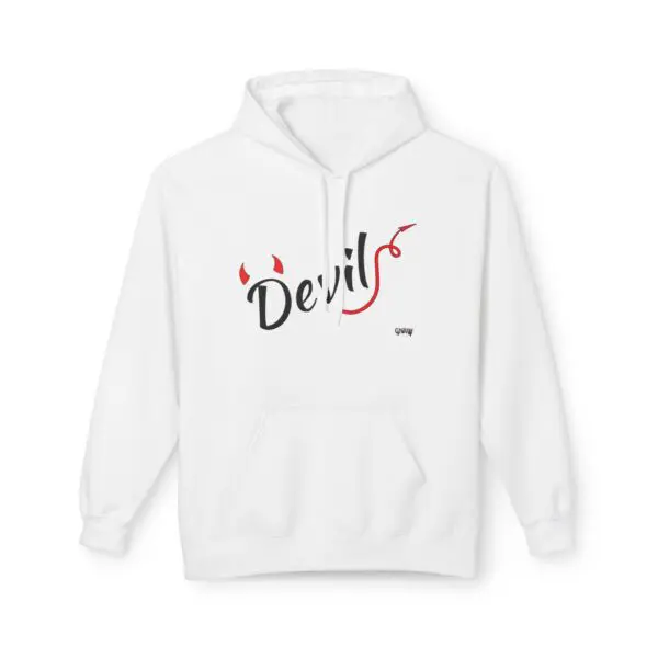 White hoodie with "Devil" and red horns.