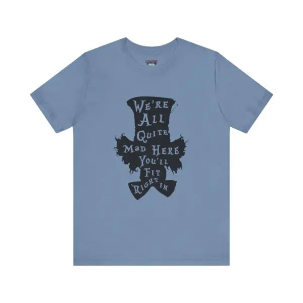 Blue t-shirt with whimsical text design.