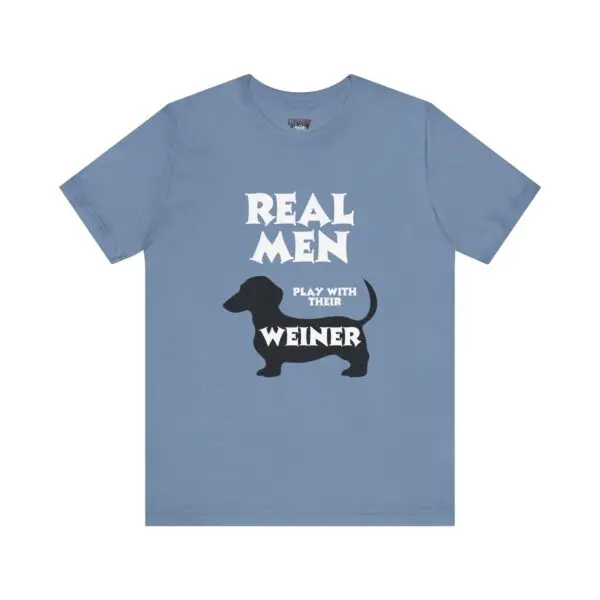 Blue t-shirt with dachshund-themed humorous text.