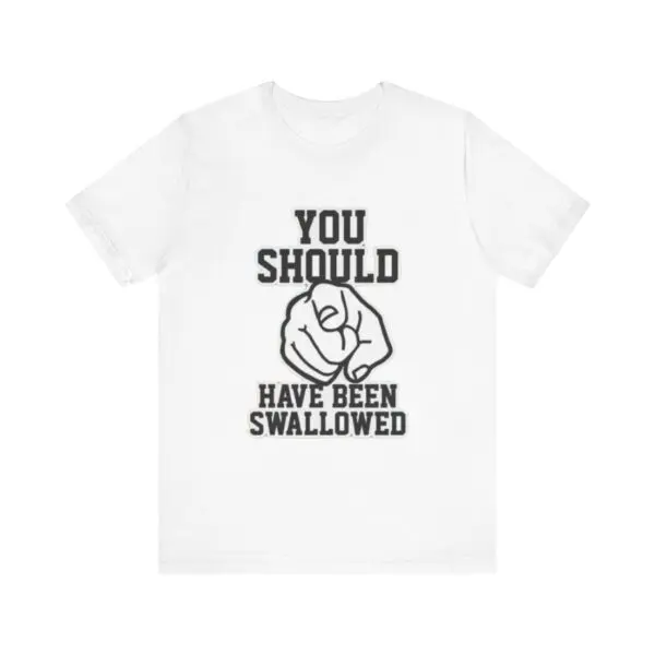 White T-shirt with provocative text print.