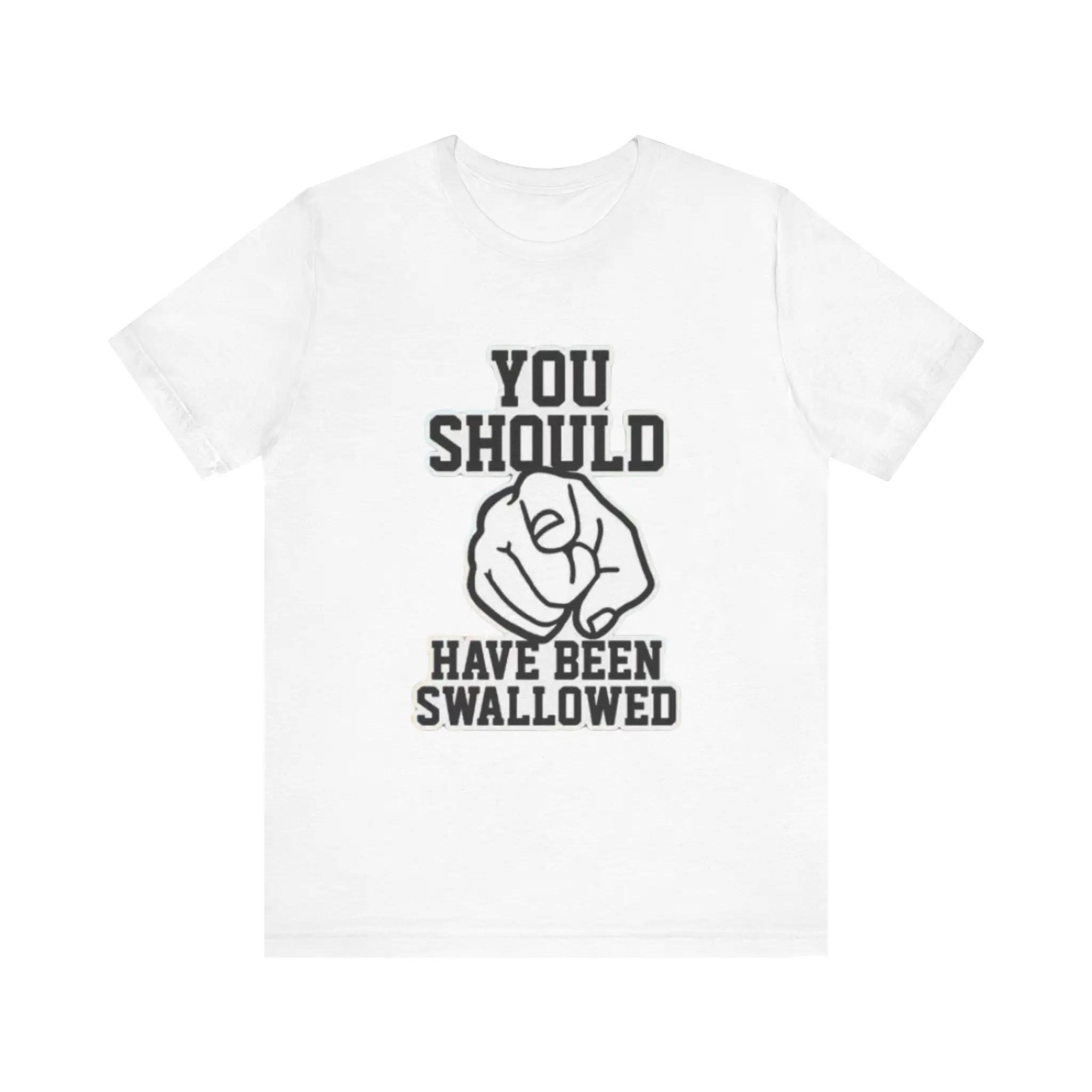 White T-shirt with provocative text print.
