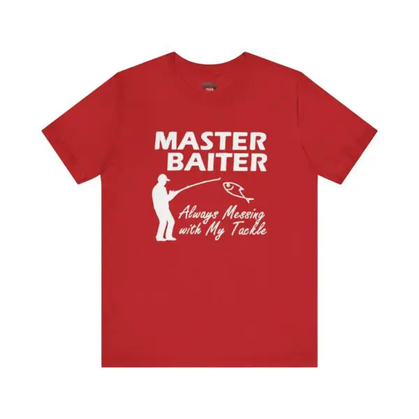 Red t-shirt with humorous fishing design.