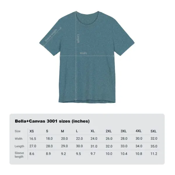 T-shirt size chart with measurements.
