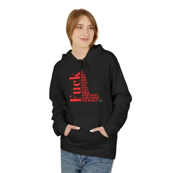Person wearing black hoodie with red text.