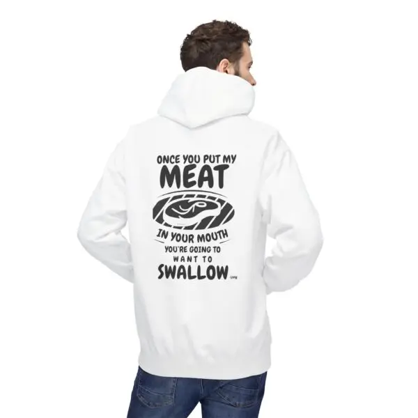 Person in white hoodie with humorous text.