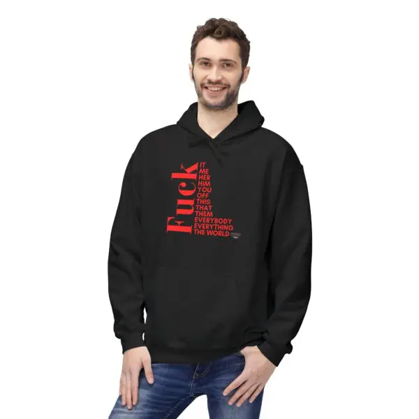 Man in black hoodie with red text.